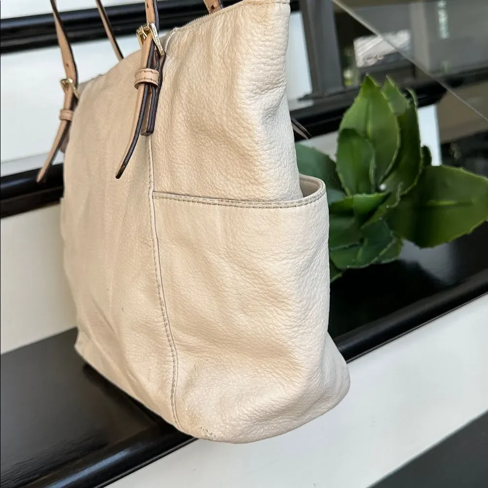 Michael Kors genuine leather pebble tote shoulder handbag, soft neutral, roomy